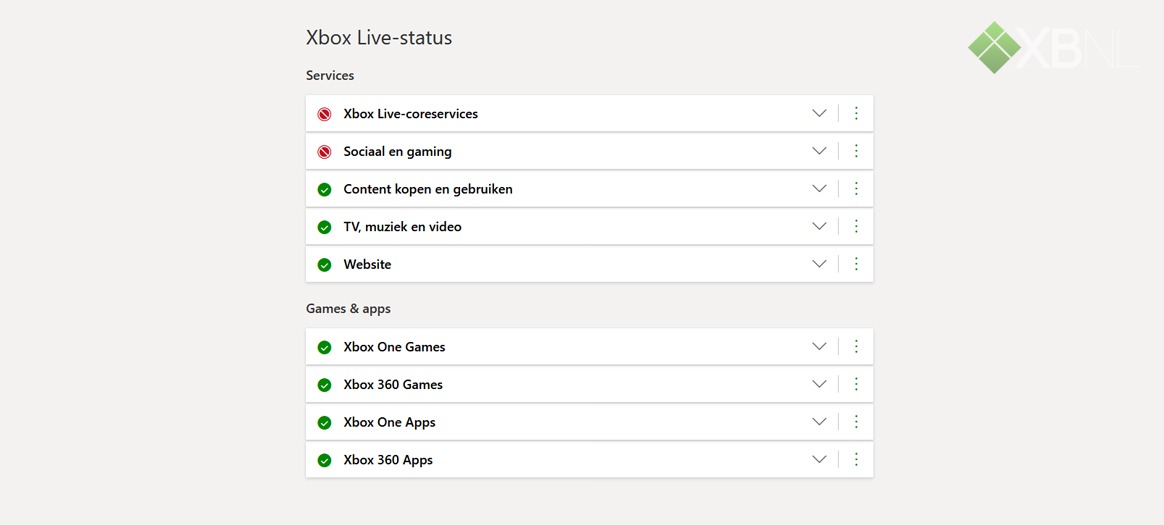 Xbox Live Status geeft stand van zaken aan XBNL