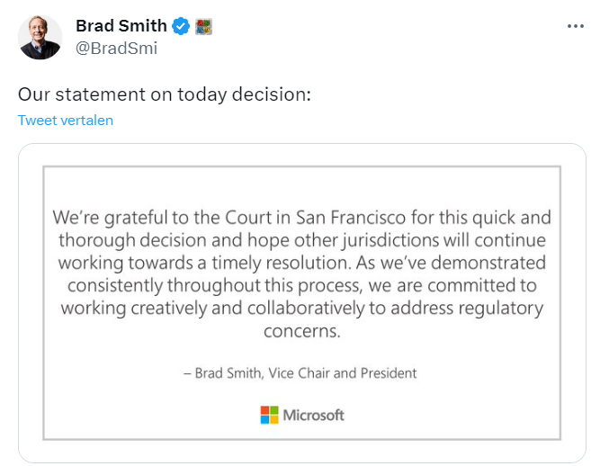 Uitspraak van Brad Smit over Microsoft vs FTC rechtszaak